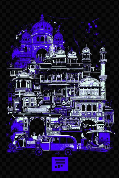 Le Vieux Delhi Chandni Chowk Avec Une Scène De Rue Chaotique Rickshaws Psd T-shirt Vectoriel Tatouage Encre Scape Art