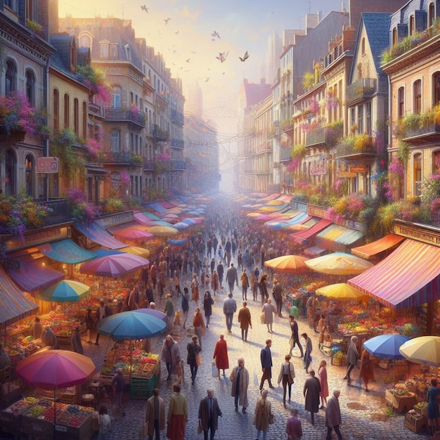 PSD vieux marché de rue français coloré bondé de gens dans des couleurs éteintes illustration