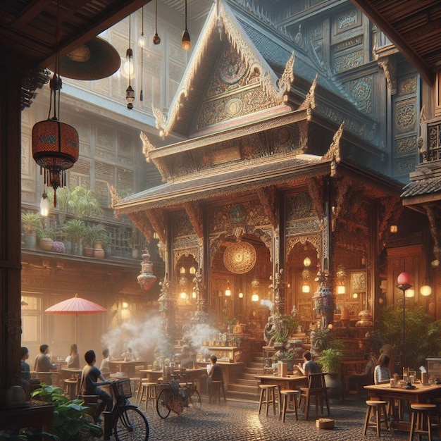 PSD vieux marché de rue thaïlandais coloré à bangkok bondé de gens dans des couleurs éteintes illustration