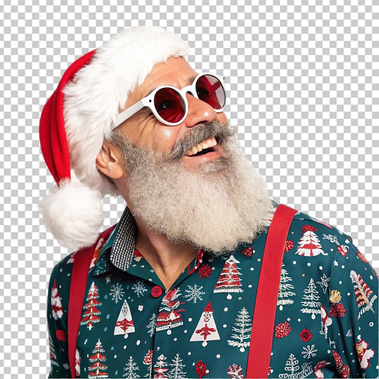 PSD un vieux père noël barbu en hiver contre une forêt d'hiver avec des lunettes de soleil fantaisistes