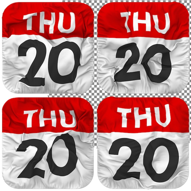 Vigésimo 20 Jueves Fecha Calendario Icono Aislado Cuatro Ondeando Estilo Bump Textura 3D Rendering