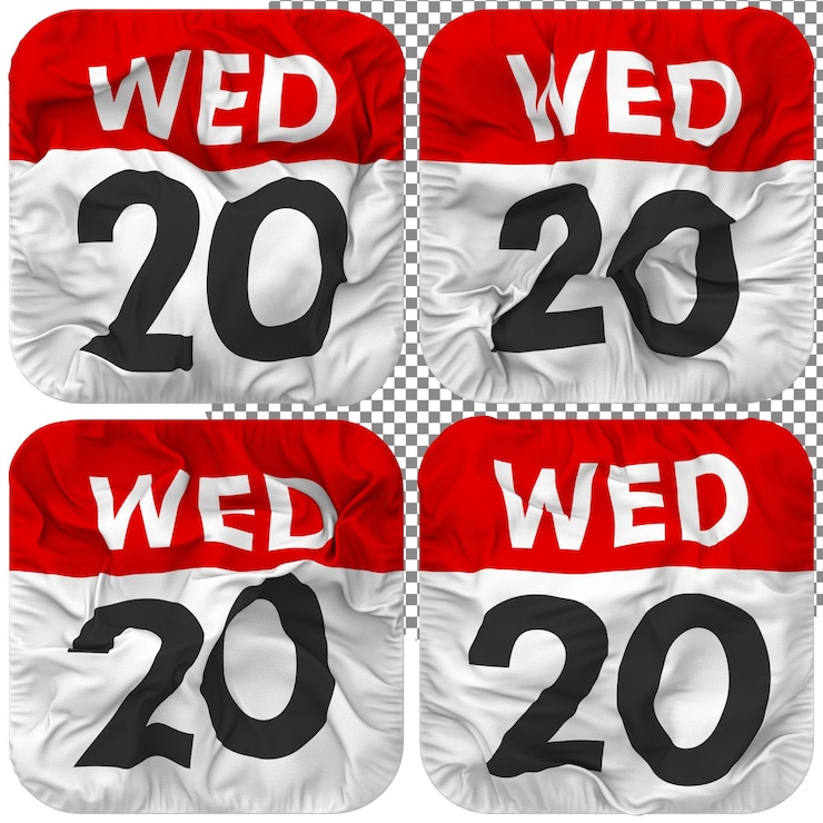 PSD vigésimo 20 miércoles fecha calendario icono aislado cuatro ondeando estilo bump textura 3d rendering