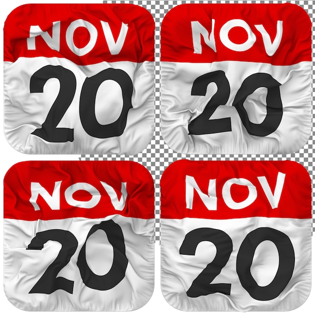 PSD vigésimo 20 de noviembre fecha calendario icono aislado cuatro ondulado estilo bump textura 3d rendering