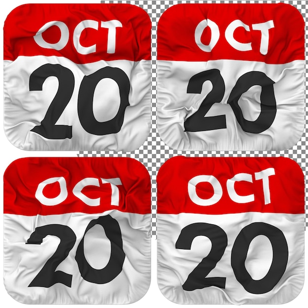 Vigésimo 20 de octubre fecha calendario icono aislado cuatro estilo ondulado textura de protuberancia representación 3d