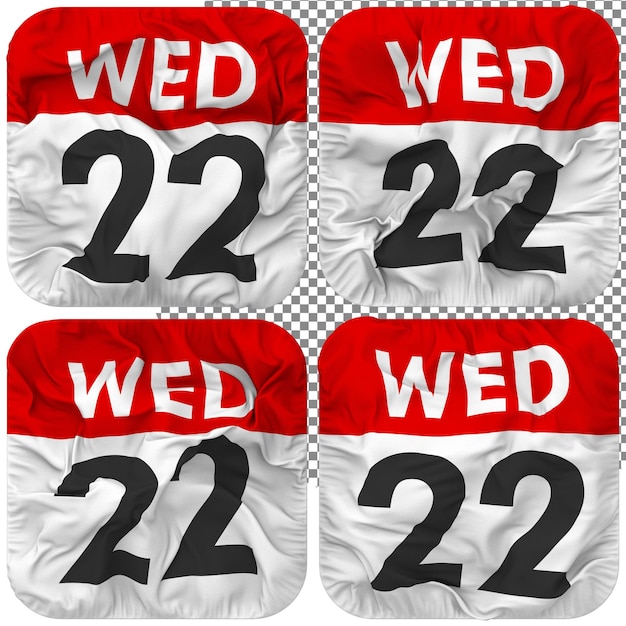 Vigésimo Segundo 22 Miércoles Fecha Calendario Icono Aislado Cuatro Ondeando Estilo Bump Textura 3D Rendering