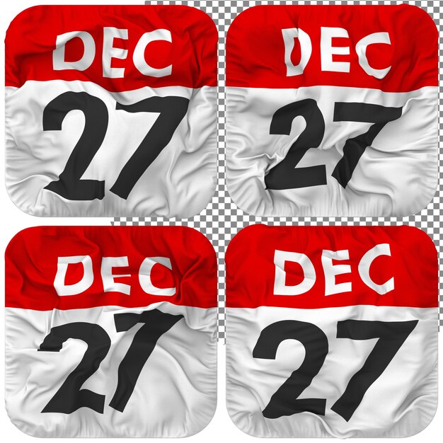 PSD vigésimo sétimo ícone de calendário de data de 27 de dezembro isolado quatro estilo de ondulação textura de colisão renderização 3d
