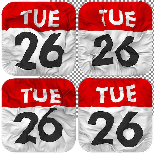 PSD vigésimo sexto 26 martes fecha calendario icono aislado cuatro ondeando estilo bump textura 3d rendering