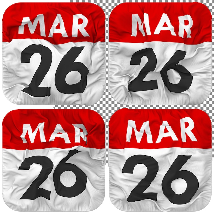 PSD vigésimo sexto 26 de marzo fecha calendario icono aislado cuatro ondulado estilo bump textura 3d rendering