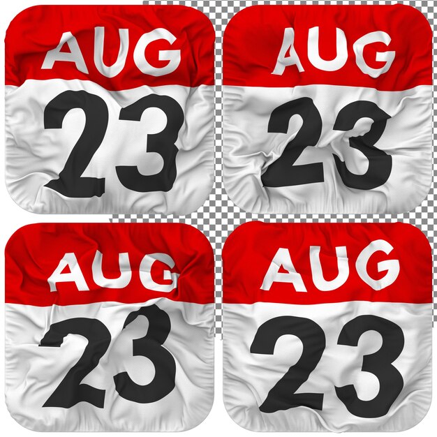 Vigésimo tercero 23 de agosto fecha calendario icono aislado cuatro estilo ondulado textura de protuberancia representación 3d