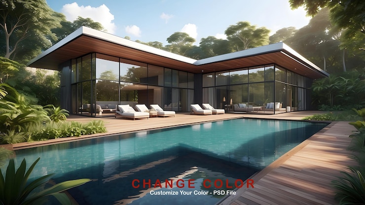 PSD une villa moderne sur fond de verdure luxuriante et une piscine cristalline maison photoréaliste