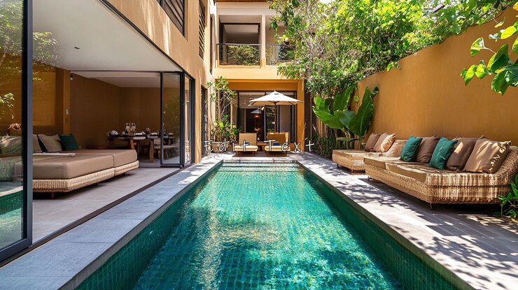 PSD villa privada com mobiliário de pátio com piscina e interior moderno