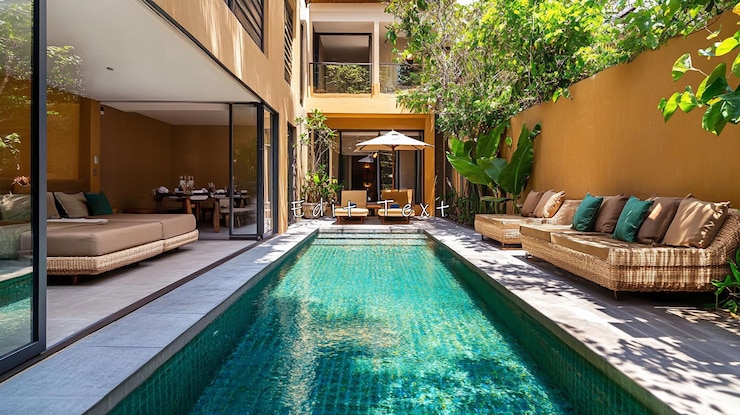 PSD villa privée avec une piscine plongeante, des meubles de patio et un intérieur moderne