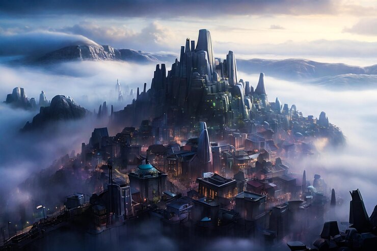 une ville dans le brouillard avec une ville en arrière-plan