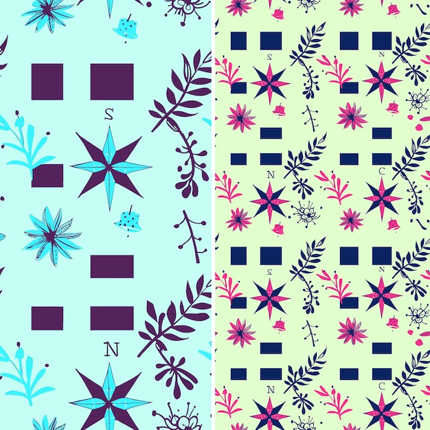 Vinas de brújula con silueta aventurera y diseño de viaje Patrón vectorial creativo de la naturaleza