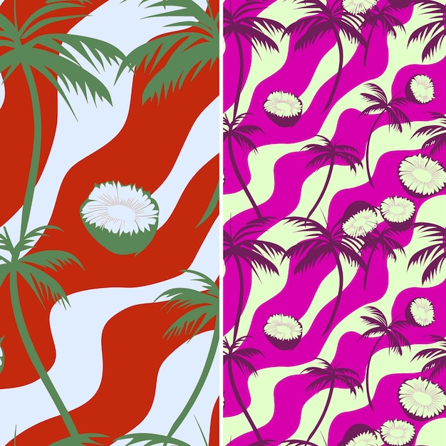 Viñas de coco con silueta de playa y diseño relajado con patrón vectorial creativo de la naturaleza
