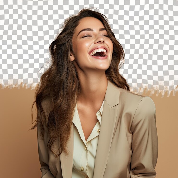 PSD vindicated slavic beauty in playful laugh stylishly rocking management consultant attire against pastel beige
