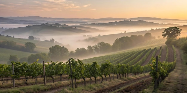 un viñedo con un paisaje de niebla en el fondo
