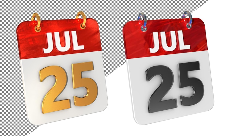 PSD vingt-cinquième 25 juillet date icône 3d isolée amplificateur doré glossy rendering 3d