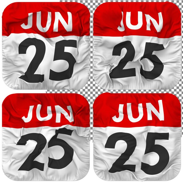 Vingt-cinquième 25 juin Icône de calendrier de date isolée Quatre Style de ondulation Texture de bosse Rendu 3D