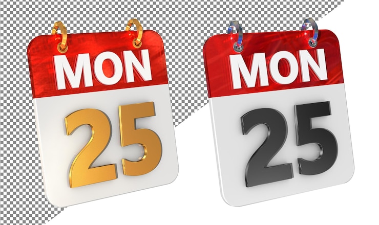 PSD vingt-cinquième 25e lundi date icône 3d isolée amplificateur or rendering 3d brillant
