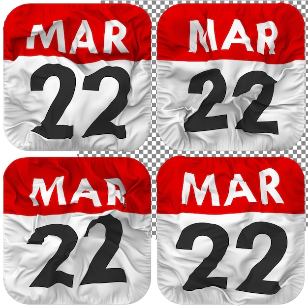 PSD vingt-deuxième 22 mars icône de calendrier de date isolée quatre style de ondulation texture de bosse rendu 3d