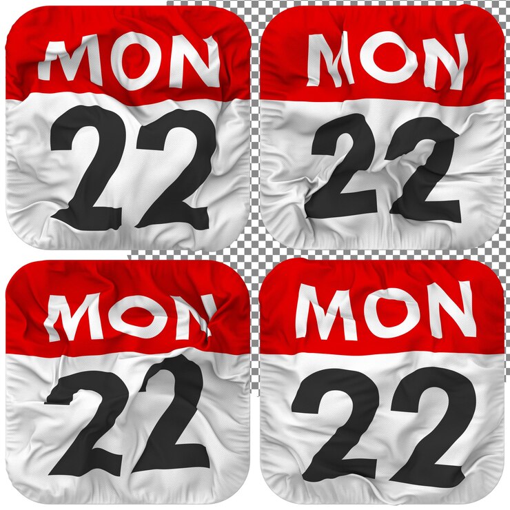 PSD vingt-deuxième 22e lundi date calendrier icône isolé quatre style ondulant bosse texture rendu 3d