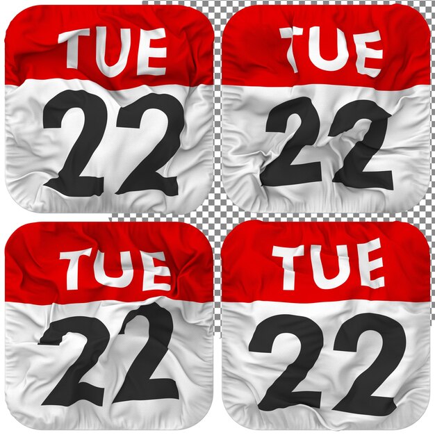 Vingt-deuxième 22e mardi Date calendrier icône isolé quatre Style ondulant bosse Texture rendu 3D