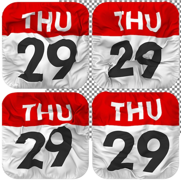 Vingt-neuvième 29e Jeudi Date Calendrier Icône Isolé Quatre Style Ondulant Bosse Texture Rendu 3d