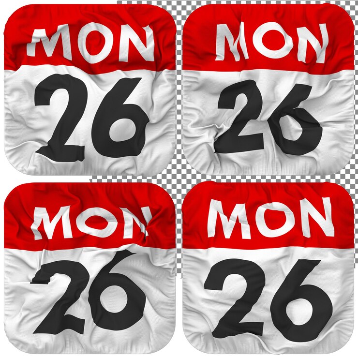 PSD vingt-sixième 26e lundi date calendrier icône isolé quatre style ondulant bosse texture rendu 3d