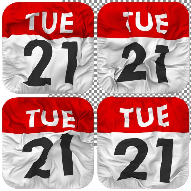 Vingt-et-unième 21e mardi Date calendrier icône isolé quatre style ondulant bosse texture rendu 3d
