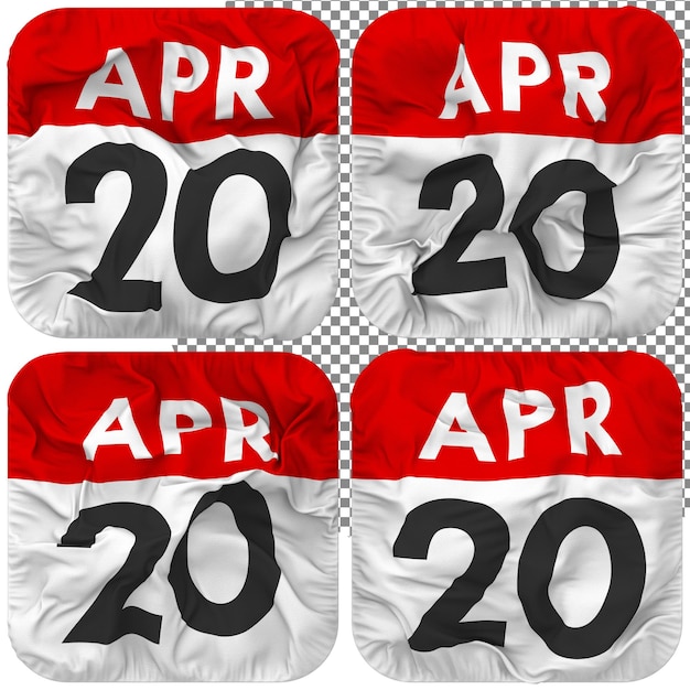 PSD vingtième 20 avril icône de calendrier de date isolée quatre style de ondulation texture de bosse rendu 3d