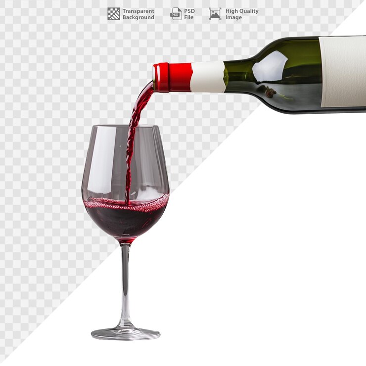 Vinho vermelho a ser derramado da garrafa para o copo sobre um fundo transparente