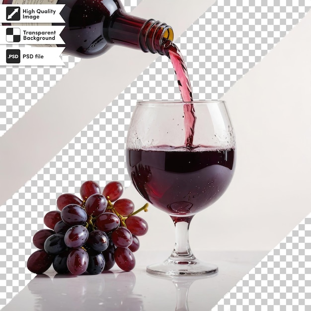 Vinho vermelho psd a ser derramado em copo com uvas sobre fundo transparente com camada de máscara editável