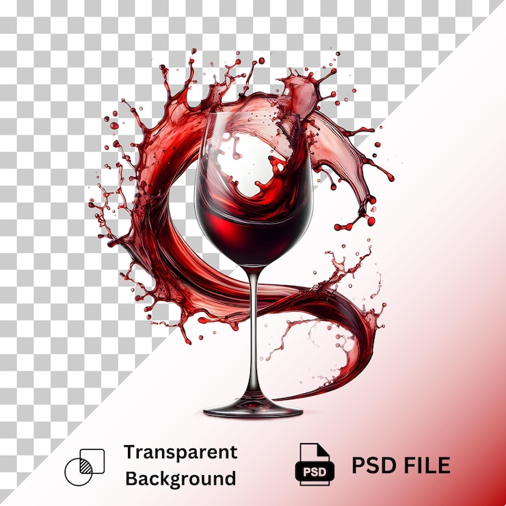 PSD vino in bicchiere con spruzzo di vino rosso isolato su uno sfondo trasparente
