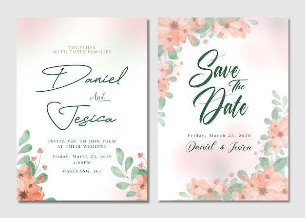 Vintage Aquarell Hochzeitseinladungsvorlage mit brauner Blume Premium Psd