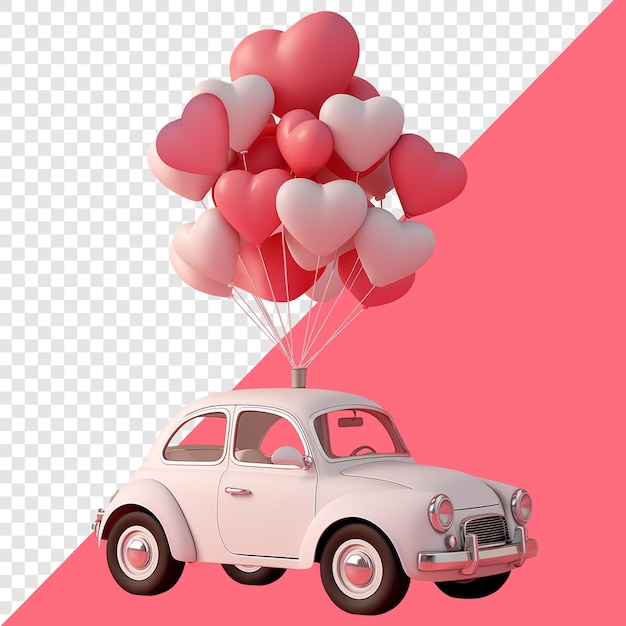 PSD vintage-auto mit liebesballon auf top 3d-design geeignet für hochzeit und valentinstag