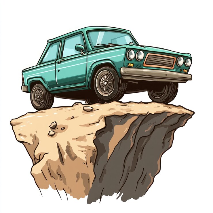 PSD vintage car precariously perched on cliff edge