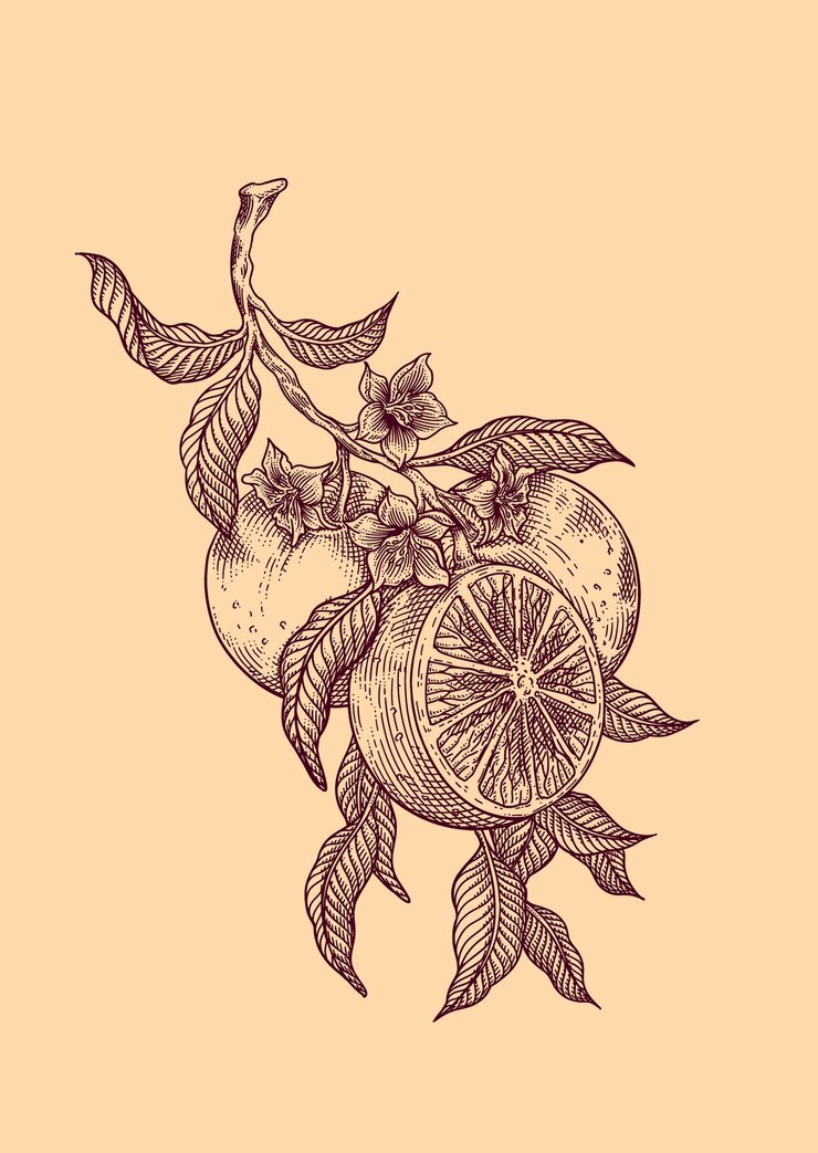PSD vintage citrus branch illustration