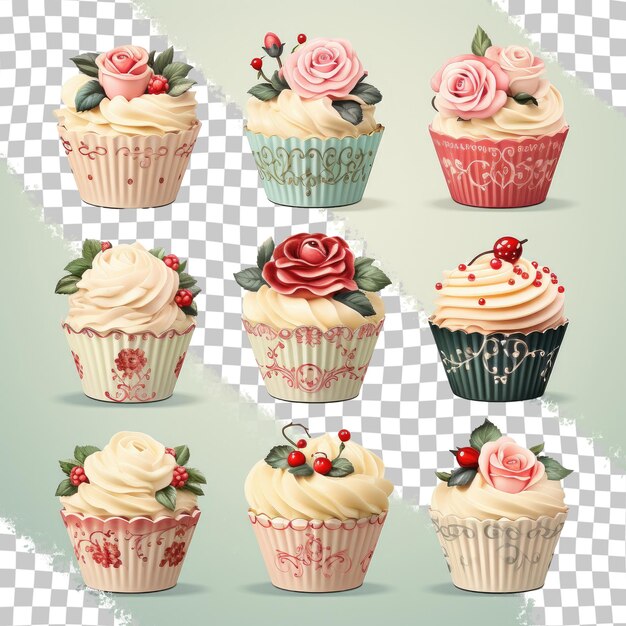 PSD vintage cupcake-wrapper-vorlagen mit rosen im shabby-chic-stil, die auf einem transparenten hintergrund isoliert sind