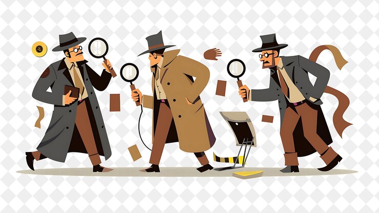 PSD vintage detective with characters investigating clues and so png people in daily work illustration
