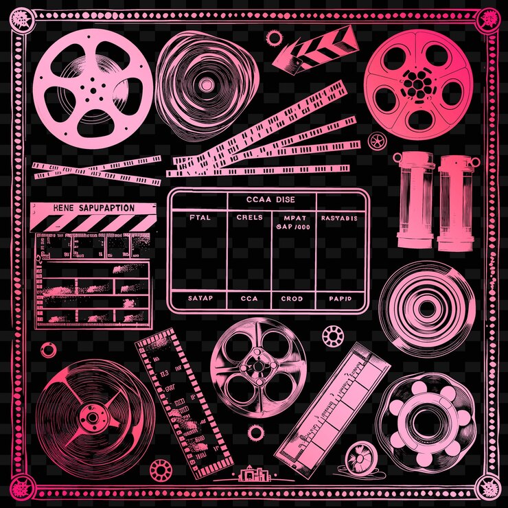 PSD vintage film reel folk art con modello di cornice e motivi di decorazione di illustrazione di dettagli cinematografici
