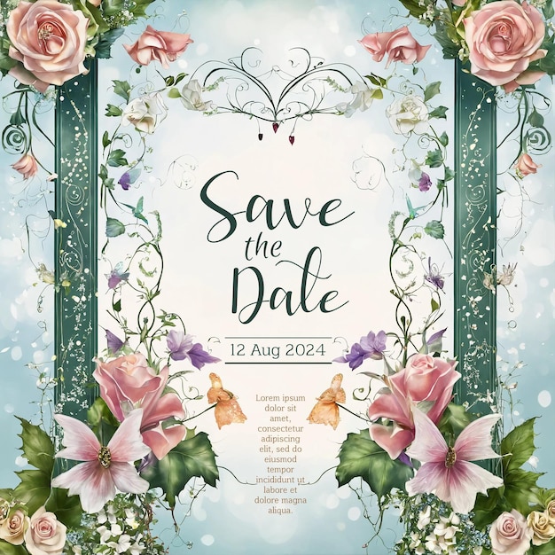 PSD vintage y floral guardar la fecha diseños para invitaciones elegantes floral suave y mariposa temática wed