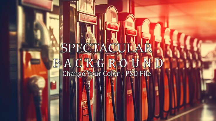 PSD vintage gas station pumps in warm glow of sunset light