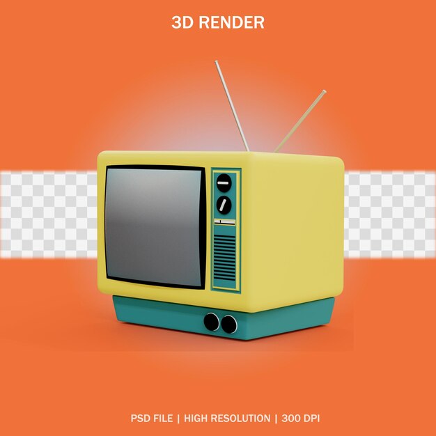 Vintage gelber Fernseher mit Antenne und transparentem Hintergrund im 3D-Design