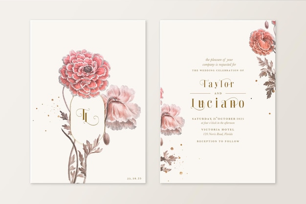 PSD vintage hochzeitseinladung und save the date mit roter rose