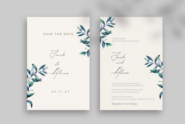 Vintage Hochzeitseinladungsvorlage mit grünen Blättern