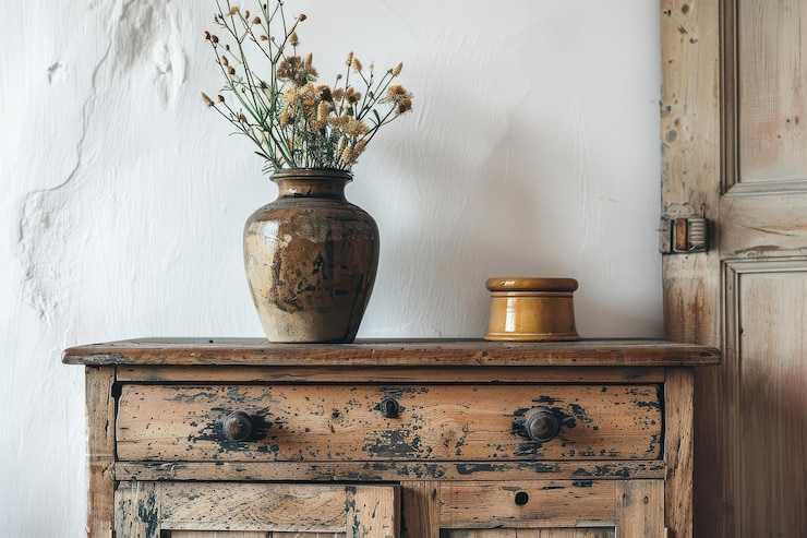 PSD vintage-holzschrank mit einer keramikvase und blumen in einem rustikalen innenraum