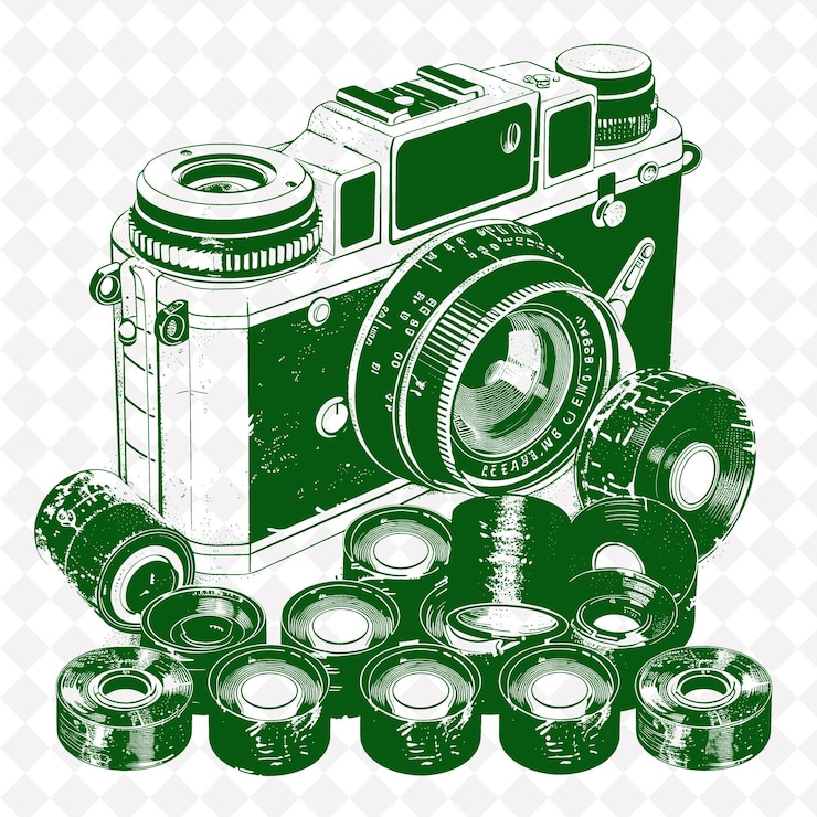 PSD vintage kamera volkskunst mit linsenmuster und film png-motive kunst auf sauberem hintergrund sammlung