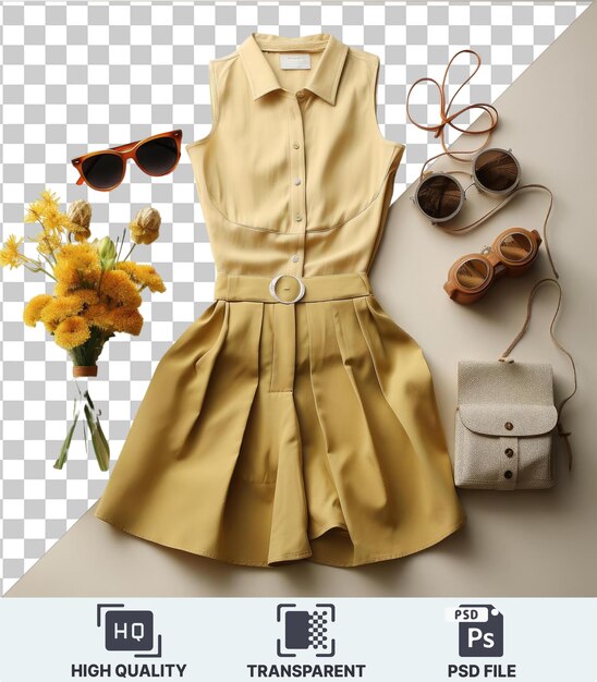 PSD vintage-mode-kollektion mit einem goldenen kleid, braunen sandalen und einer weißen handtasche, die von einer gelben blume in einer klaren glasvase gegen eine weiße wand ergänzt wird