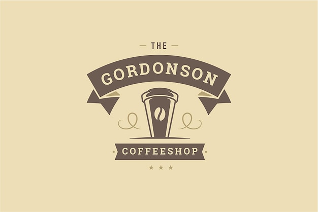 Vintage monochrome coffeeshop logo template design coffee paper cup curved ornament ribbon